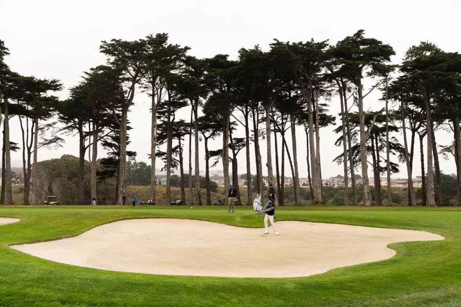 海湾公园Golfers in a sandtrap at TPC海湾公园golf course in San Francisco，加州.