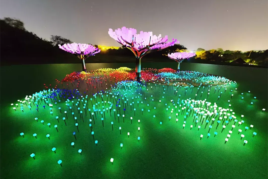 大型花朵在五彩缤纷的灯光下闪闪发光，这是一个照明科幻展览。.